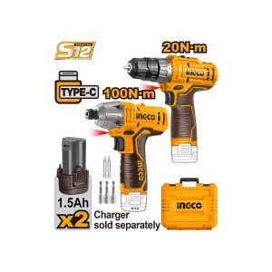 უსადენო ხრახნდამჭერების 2ც-ნი კომპლექტი 12V USB-Type-C Li-Ion (COSLI240586) INGCO