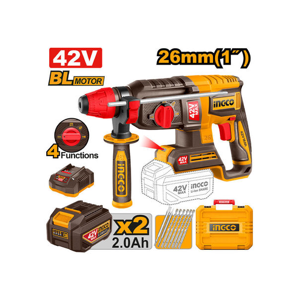 Lithium-Ion ელექტრო პნევმატური ბურღი (პერფორატორი) 20V (კომპლექტი) (CRHLI202287) INGCO