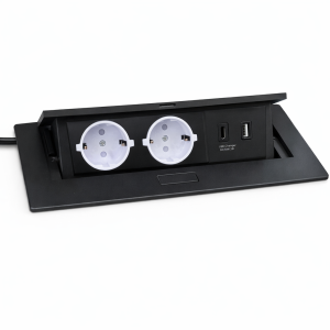 ჩასაშენებელი დენის ბლოკი 2 როზეტი + 2 USB, დახურვადი დაფით AE-PBU02GS-20