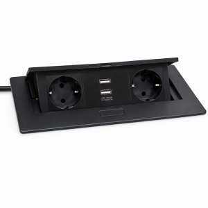 ჩასაშენებელი დენის ბლოკი 2 როზეტი + 2 USB, შავი, დახურვადი დაფით