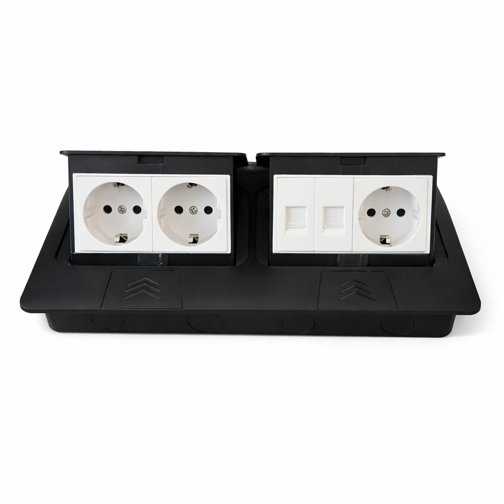 ჩასაშენებელი მაგიდის ელექტრო ბლოკი (Pop-up Power Socket) – 3 სოკეტი + 2 RJ45 ინტერნეტის პორტი
