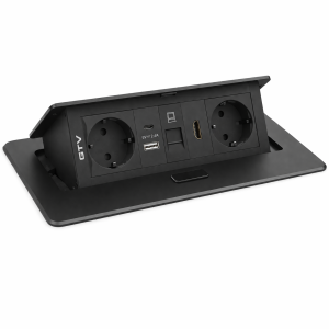 მაგიდაში ჩასაშენებელი Pop-Up როზეტის ბლოკი – 2x220V + USB + HDMI, შავი